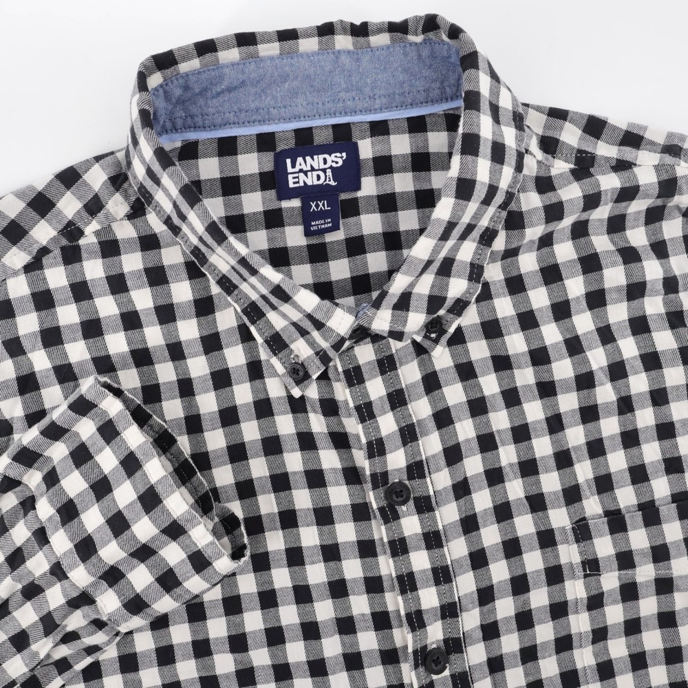 Lands End Gingham Check Flannel Shirt Black Long Sleeve Mens XXL